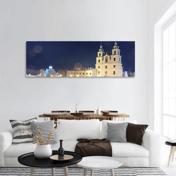 Church On Christmas Night Panoramic Canvas Wall Art-3 Piece-25" x 08"-Tiaracle