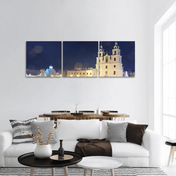 Church On Christmas Night Panoramic Canvas Wall Art-3 Piece-25" x 08"-Tiaracle