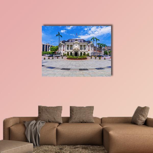 Old City Hall Taiwan Canvas Wall Art in white, gray and blue, single panel hung on a wall