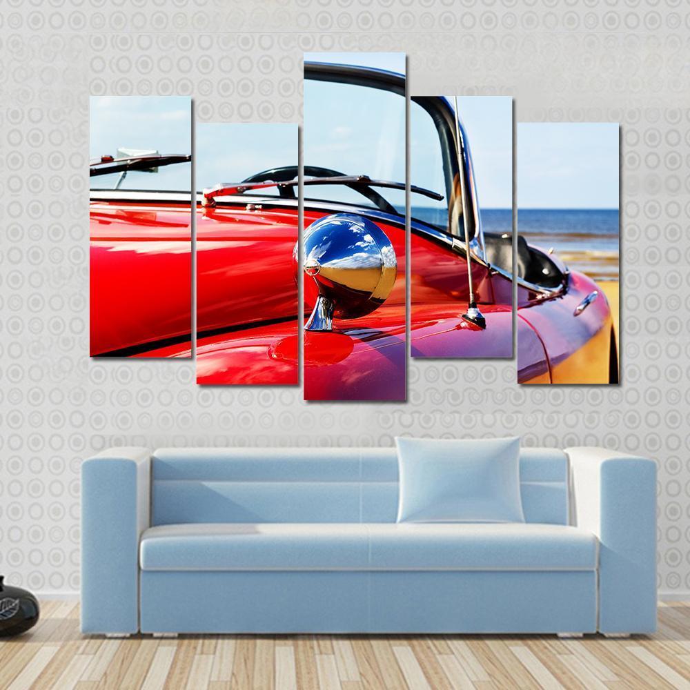 Red Car At Beach Canvas Wall Art-5 Pop-Gallery Wrap-47" x 32"-Tiaracle