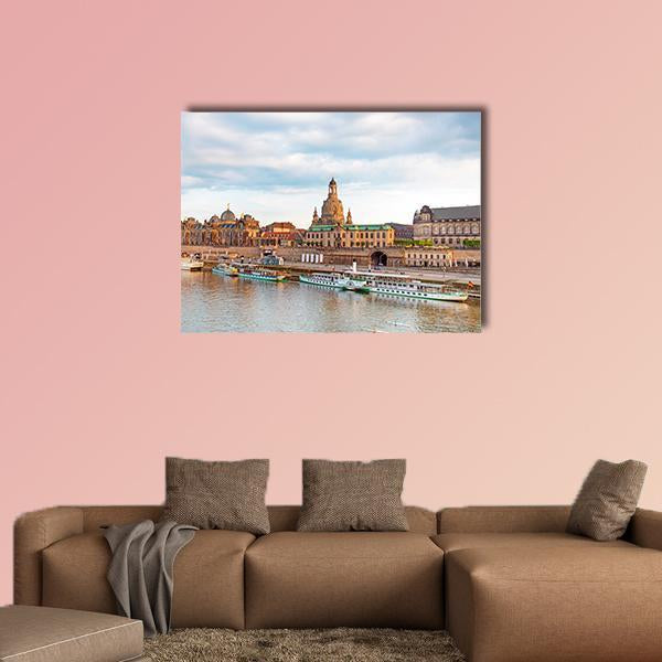 Dresden Skyline Over the Elbe Canvas Wall Art in beige, brown and blue, single panel hung on a wall