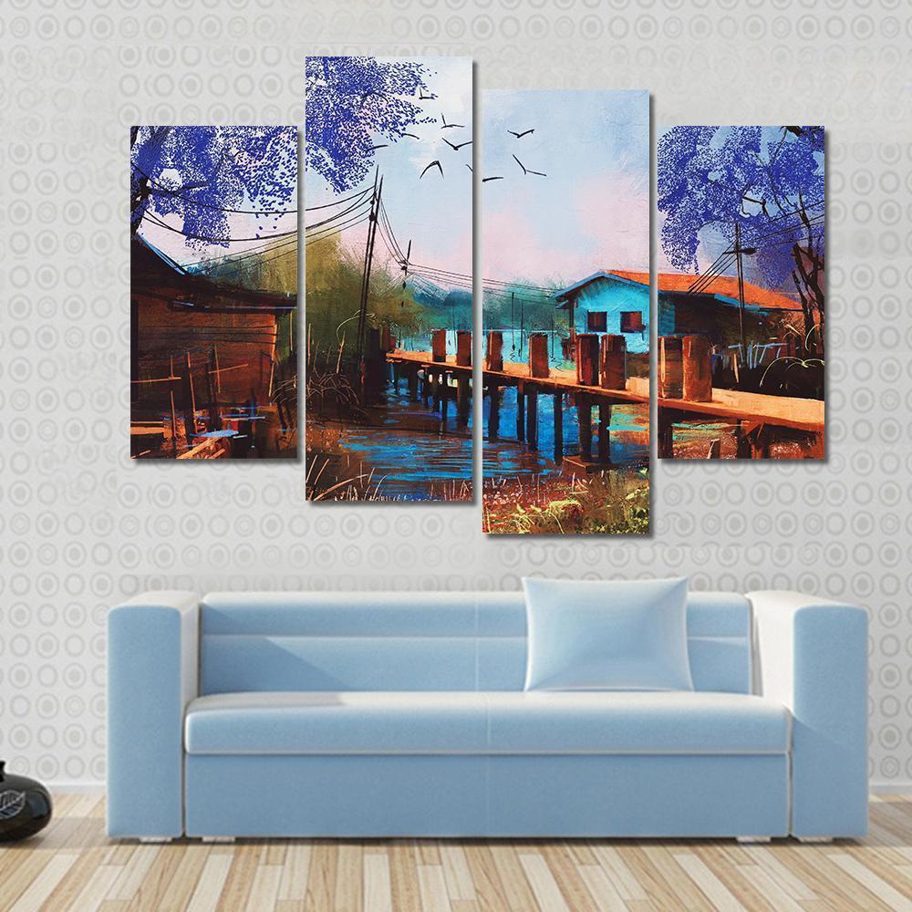 Abstract Fishing Village Canvas Wall Art-4 Pop-Gallery Wrap-50" x 32"-Tiaracle