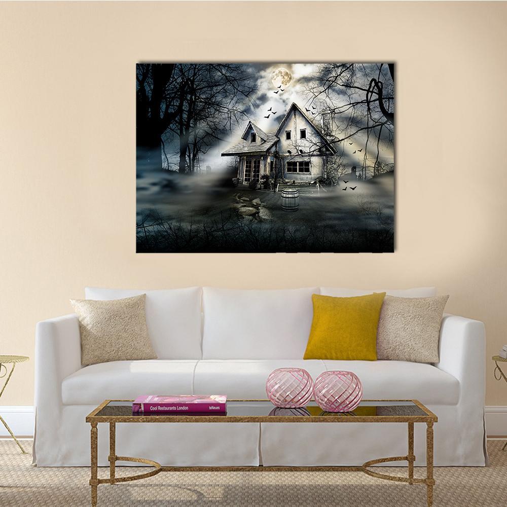 Moonlit Old Haunted House Canvas Wall Art in black, white and gray, single panel hung on a wall