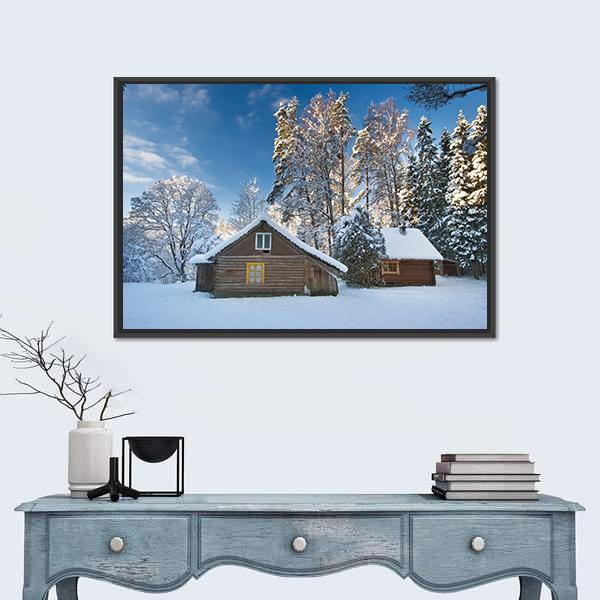 Old Houses In Snowy Forest Canvas Wall Art-1 Piece-Floating Frame-24" x 16"-Tiaracle