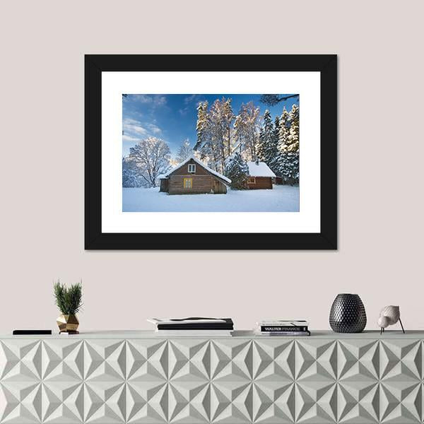 Old Houses In Snowy Forest Canvas Wall Art-1 Piece-Framed Print-20" x 16"-Tiaracle