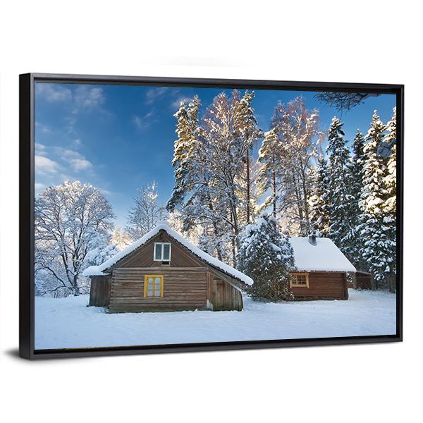 Old Houses In Snowy Forest Canvas Wall Art-3 Horizontal-Gallery Wrap-25" x 16"-Tiaracle