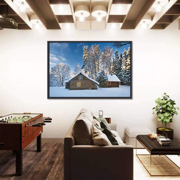 Old Houses In Snowy Forest Canvas Wall Art-3 Horizontal-Gallery Wrap-25" x 16"-Tiaracle