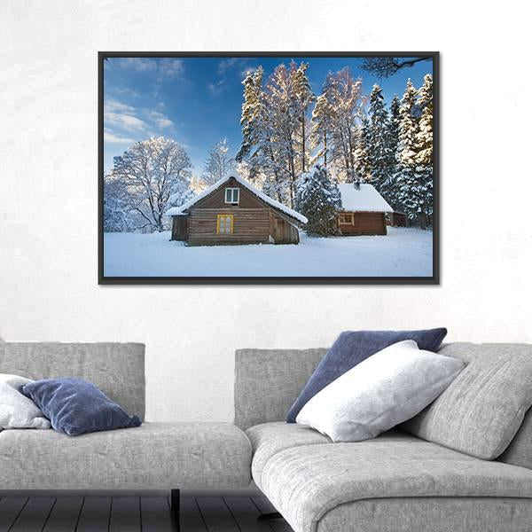 Old Houses In Snowy Forest Canvas Wall Art-3 Horizontal-Gallery Wrap-25" x 16"-Tiaracle