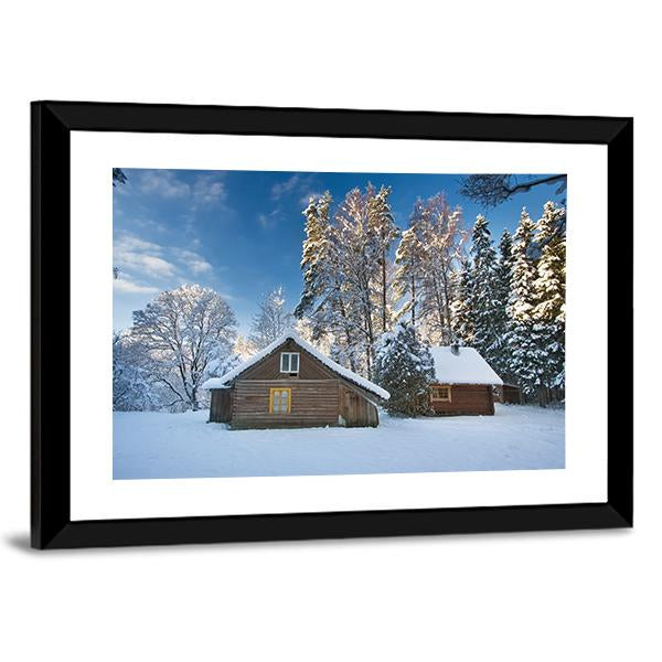 Old Houses In Snowy Forest Canvas Wall Art-3 Horizontal-Gallery Wrap-25" x 16"-Tiaracle