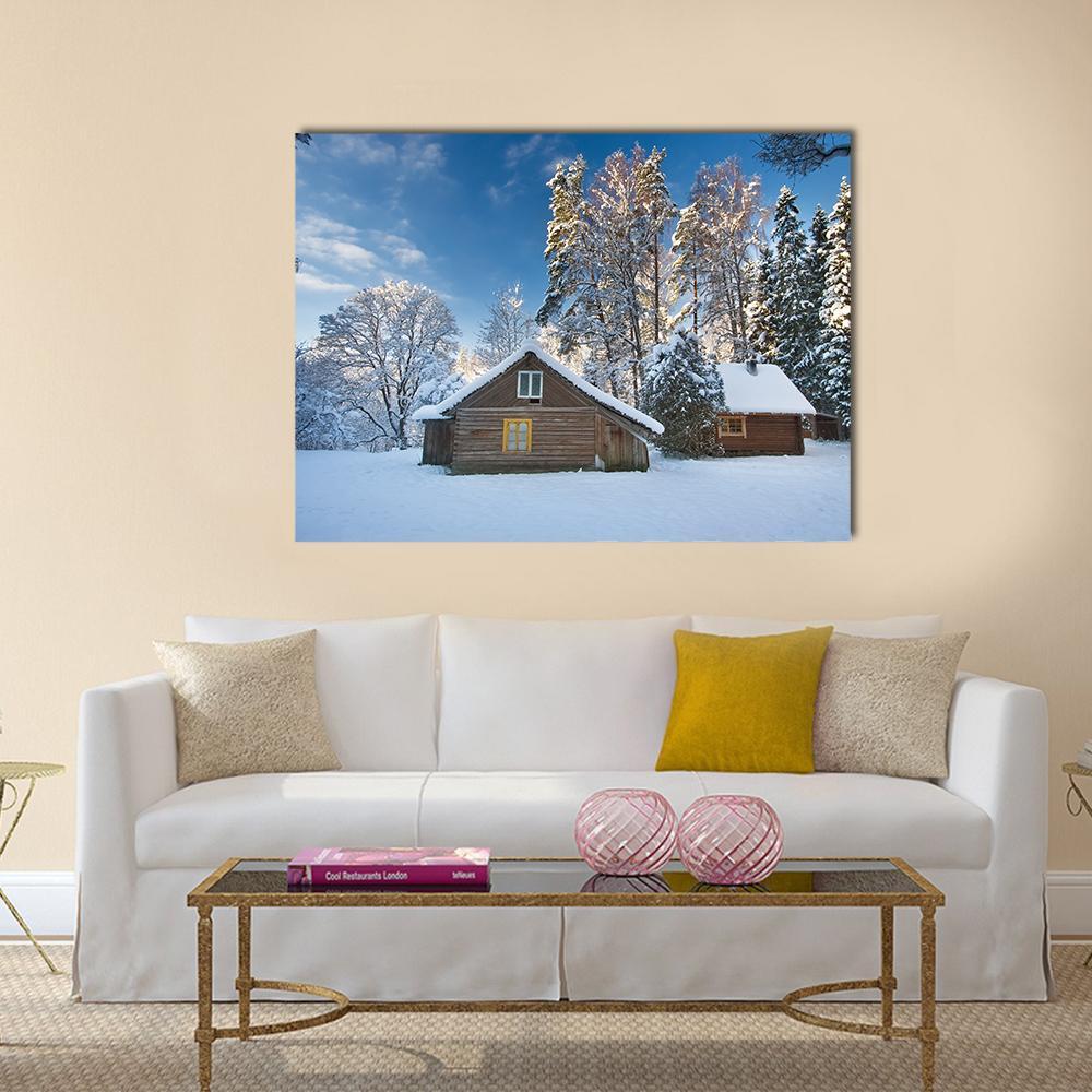 Old Houses In Snowy Forest Canvas Wall Art-1 Piece-Gallery Wrap-48" x 32"-Tiaracle