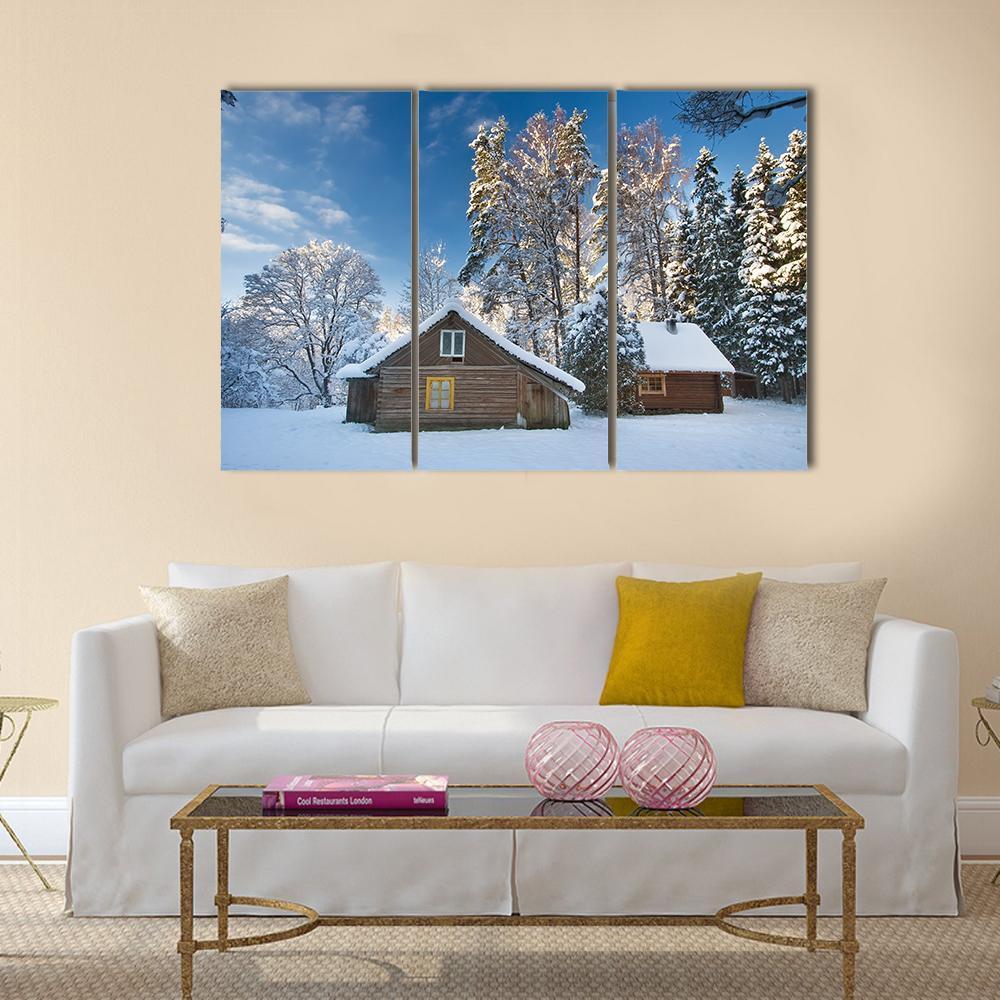 Old Houses In Snowy Forest Canvas Wall Art-3 Horizontal-Gallery Wrap-37" x 24"-Tiaracle