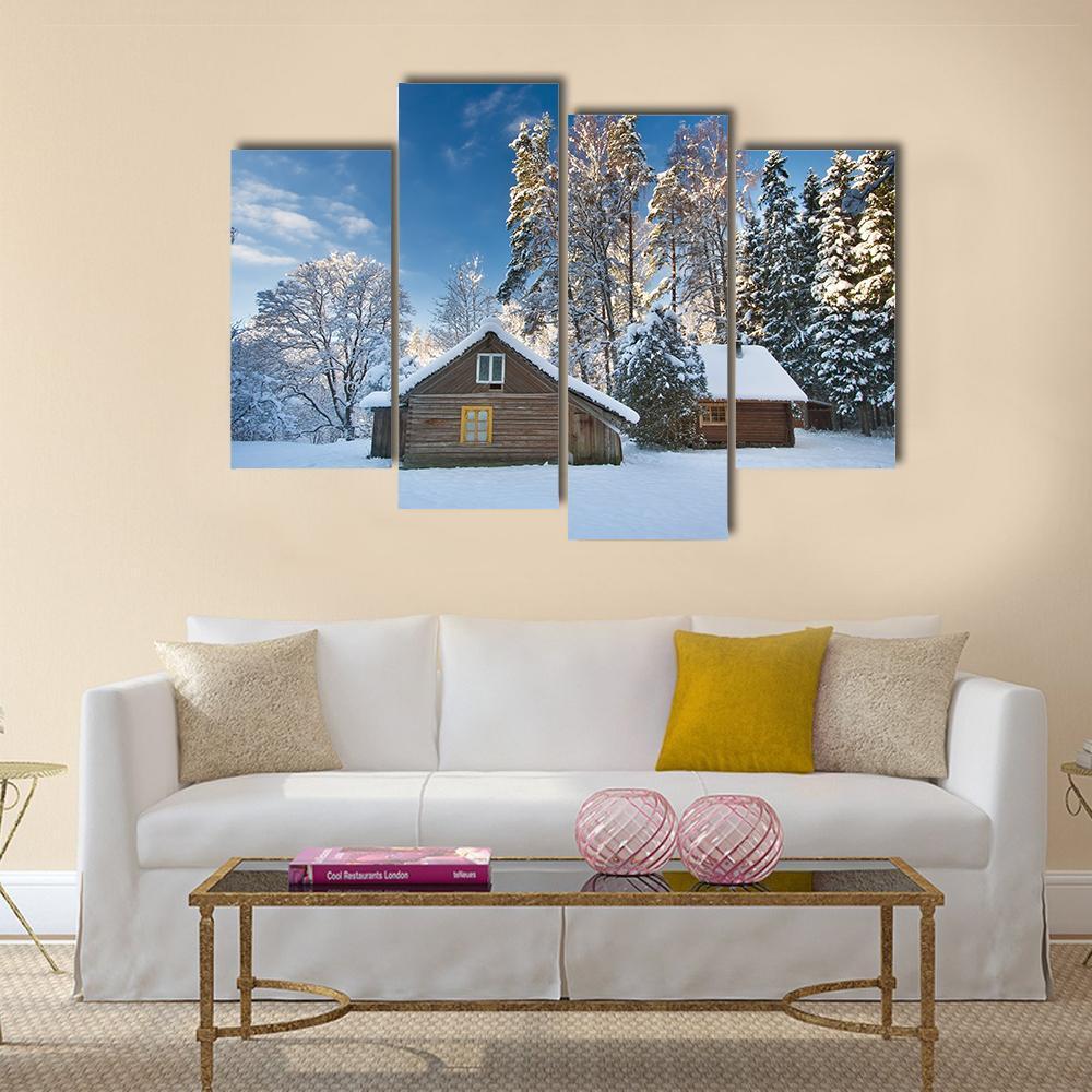 Old Houses In Snowy Forest Canvas Wall Art-4 Pop-Gallery Wrap-50" x 32"-Tiaracle