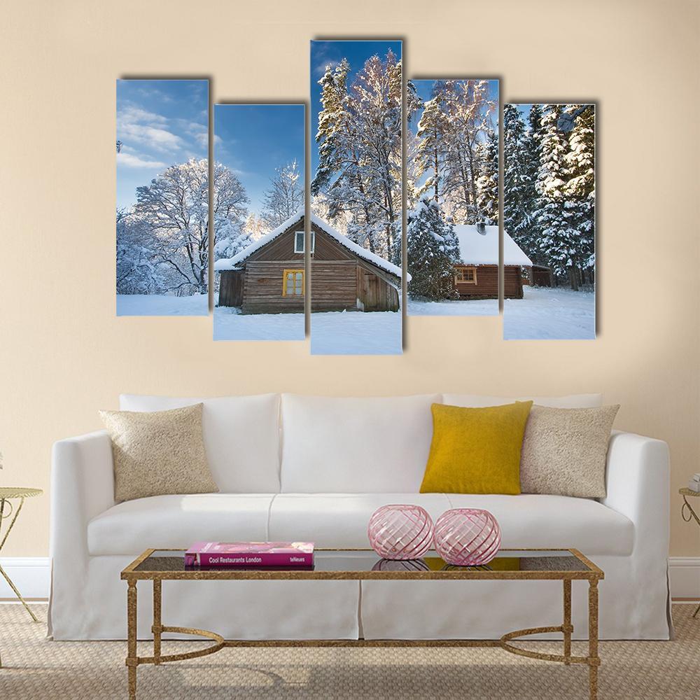 Old Houses In Snowy Forest Canvas Wall Art-5 Pop-Gallery Wrap-47" x 32"-Tiaracle