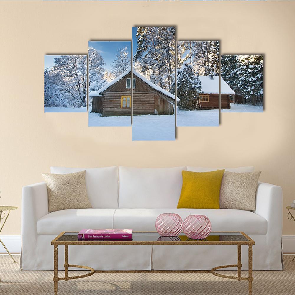 Old Houses In Snowy Forest Canvas Wall Art-5 Star-Gallery Wrap-62" x 32"-Tiaracle