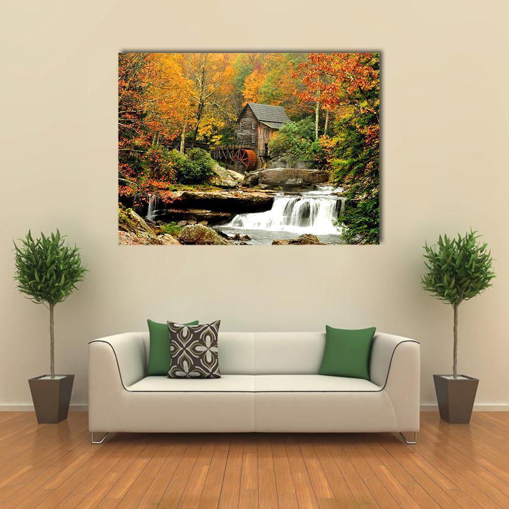 Old Mill & Waterfall Canvas Wall Art-4 Horizontal-Gallery Wrap-34" x 24"-Tiaracle