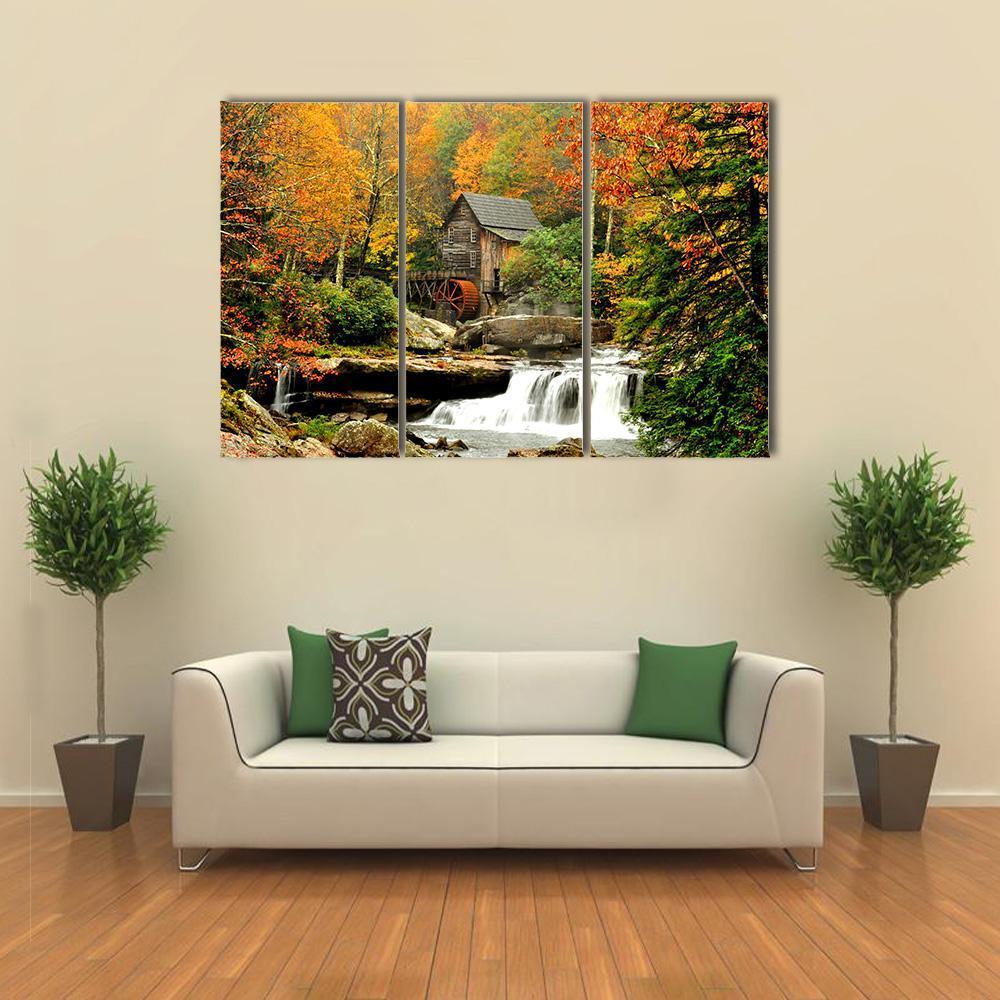 Old Mill & Waterfall Canvas Wall Art-3 Horizontal-Gallery Wrap-37" x 24"-Tiaracle