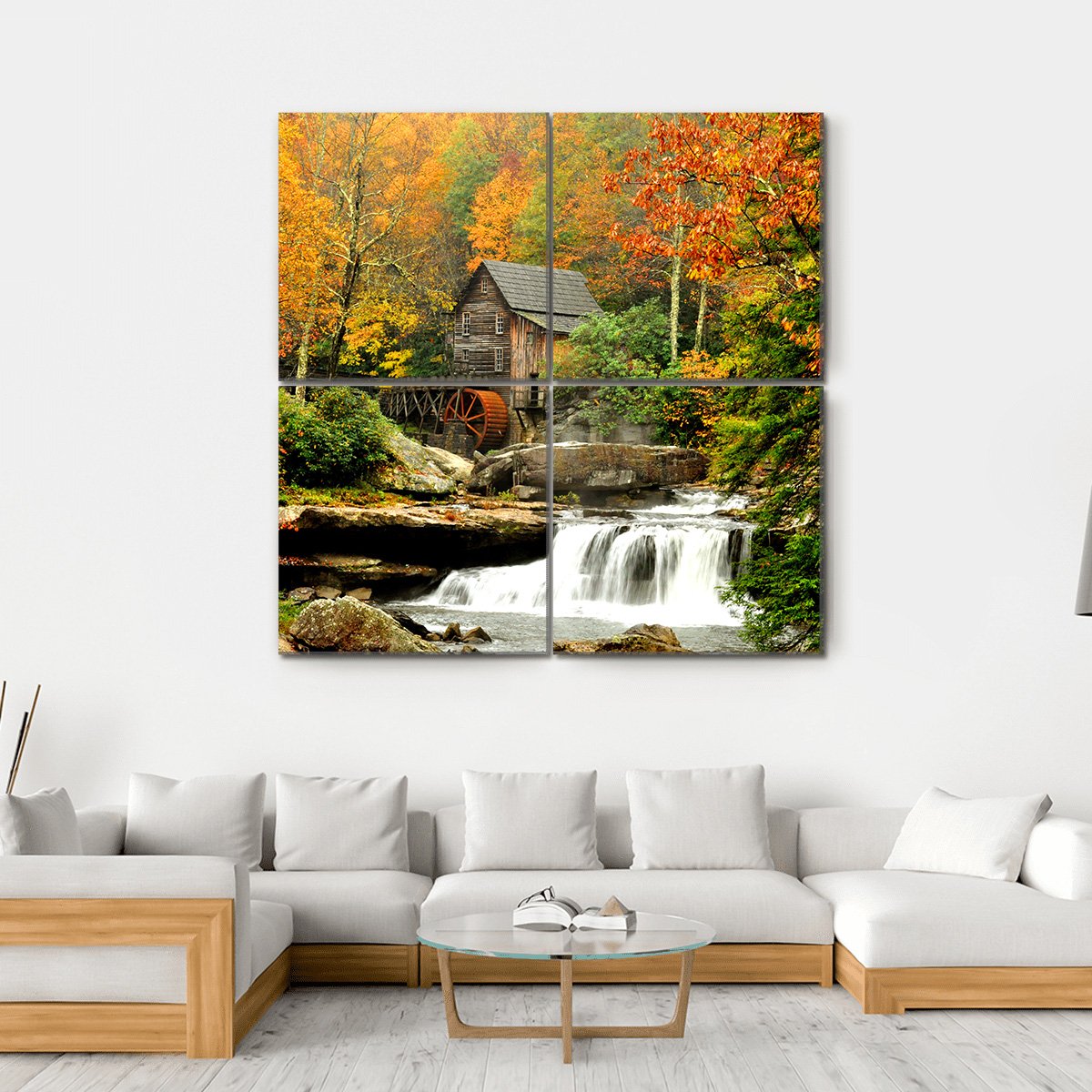 Old Mill & Waterfall Canvas Wall Art-4 Square-Gallery Wrap-17" x 17"-Tiaracle