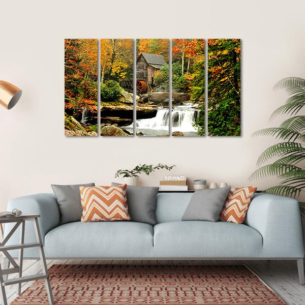 Old Mill & Waterfall Canvas Wall Art-5 Horizontal-Gallery Wrap-22" x 12"-Tiaracle