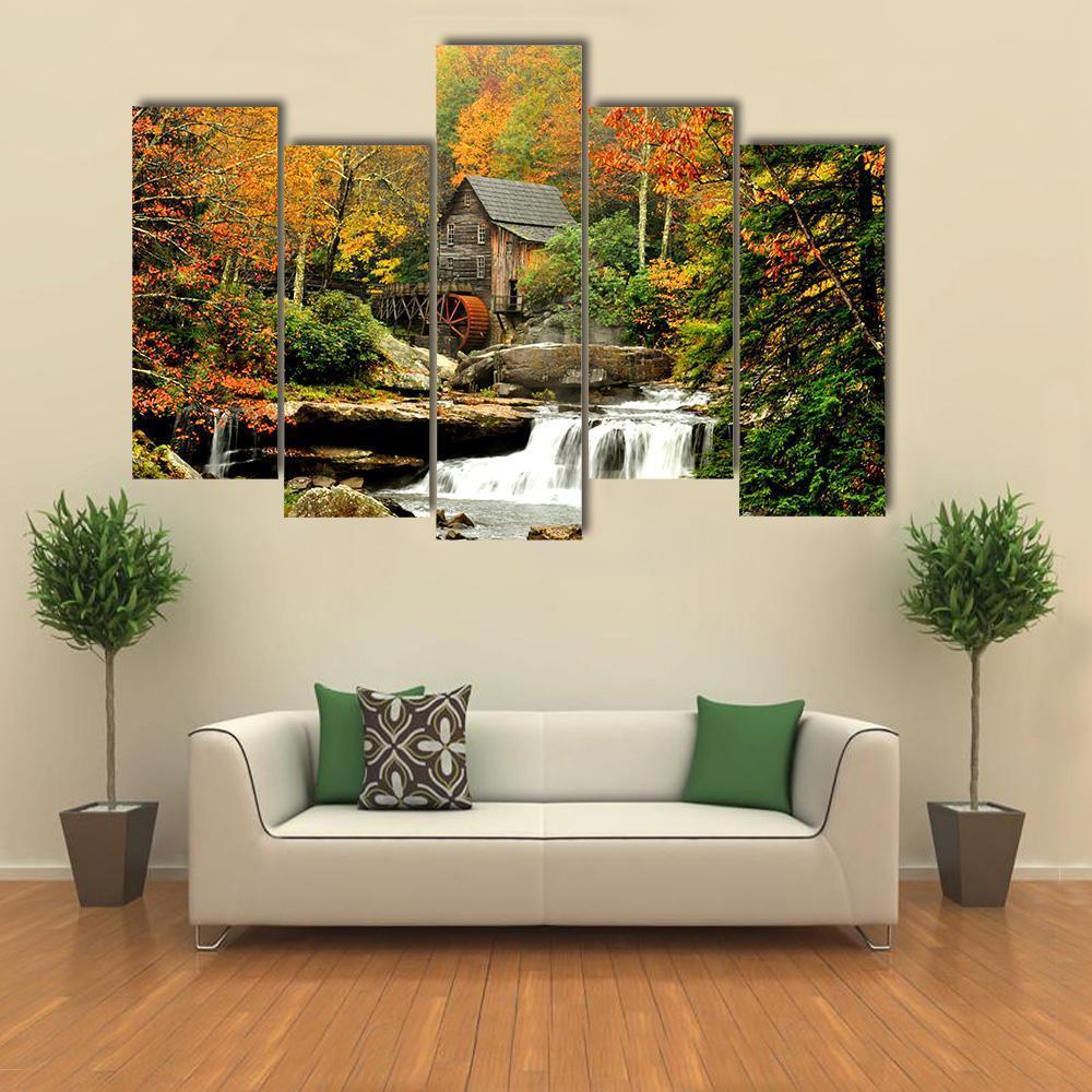 Old Mill &amp; Waterfall Canvas Wall Art-5 Pop-Gallery Wrap-47" x 32"-Tiaracle