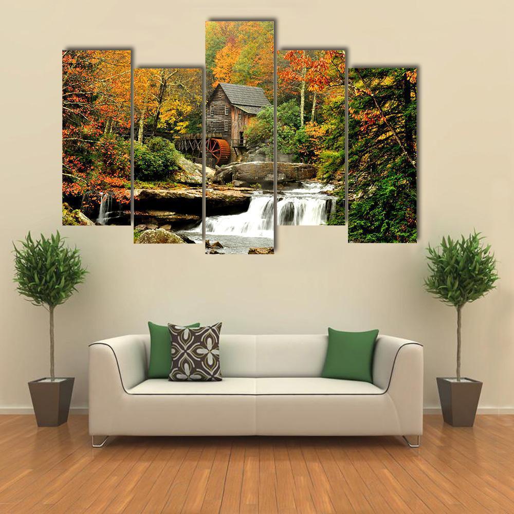 Old Mill & Waterfall Canvas Wall Art-5 Pop-Gallery Wrap-47" x 32"-Tiaracle