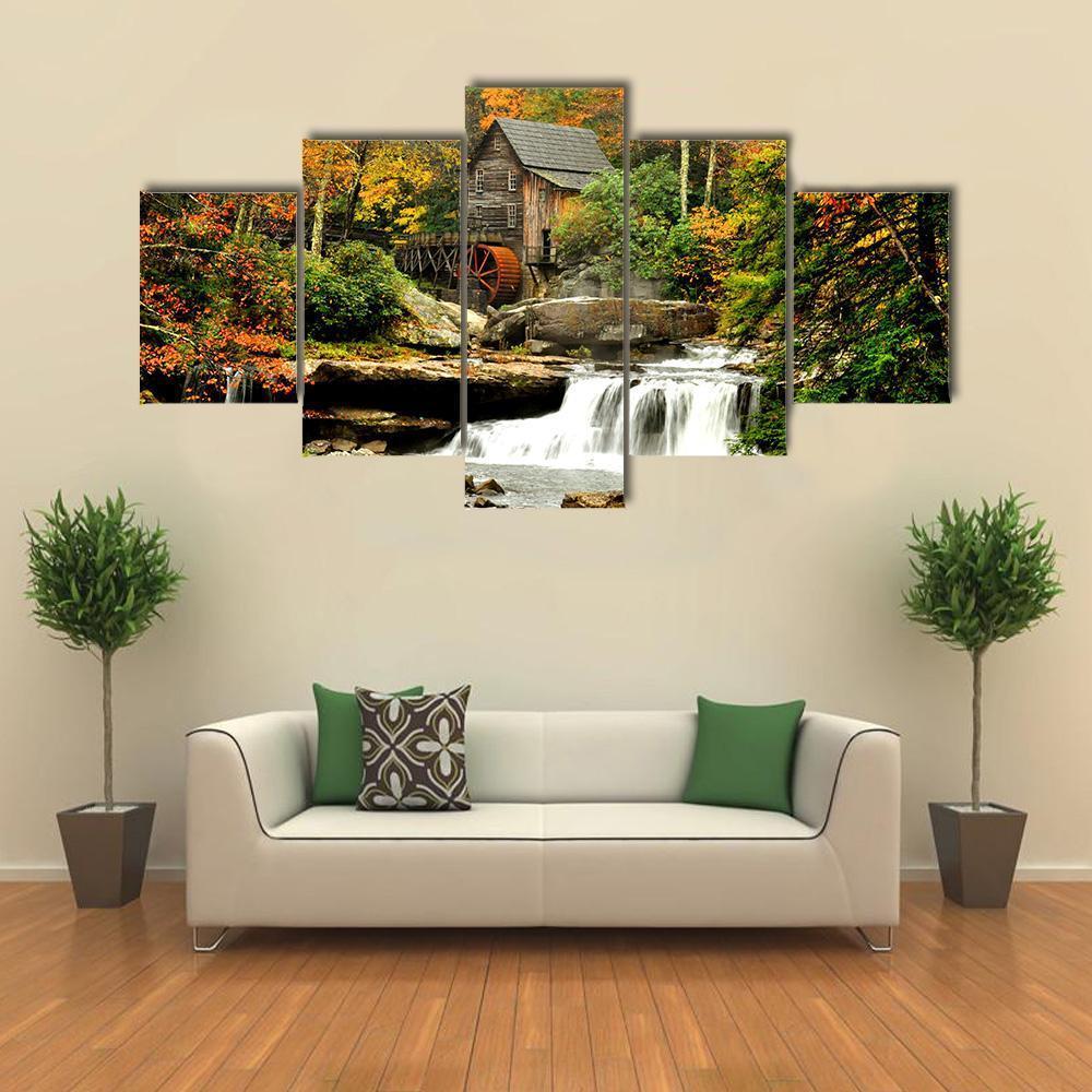 Old Mill &amp; Waterfall Canvas Wall Art-5 Star-Gallery Wrap-62" x 32"-Tiaracle