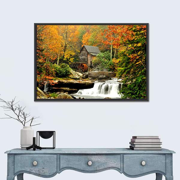 Old Mill &amp; Waterfall Canvas Wall Art-1 Piece-Floating Frame-24" x 16"-Tiaracle