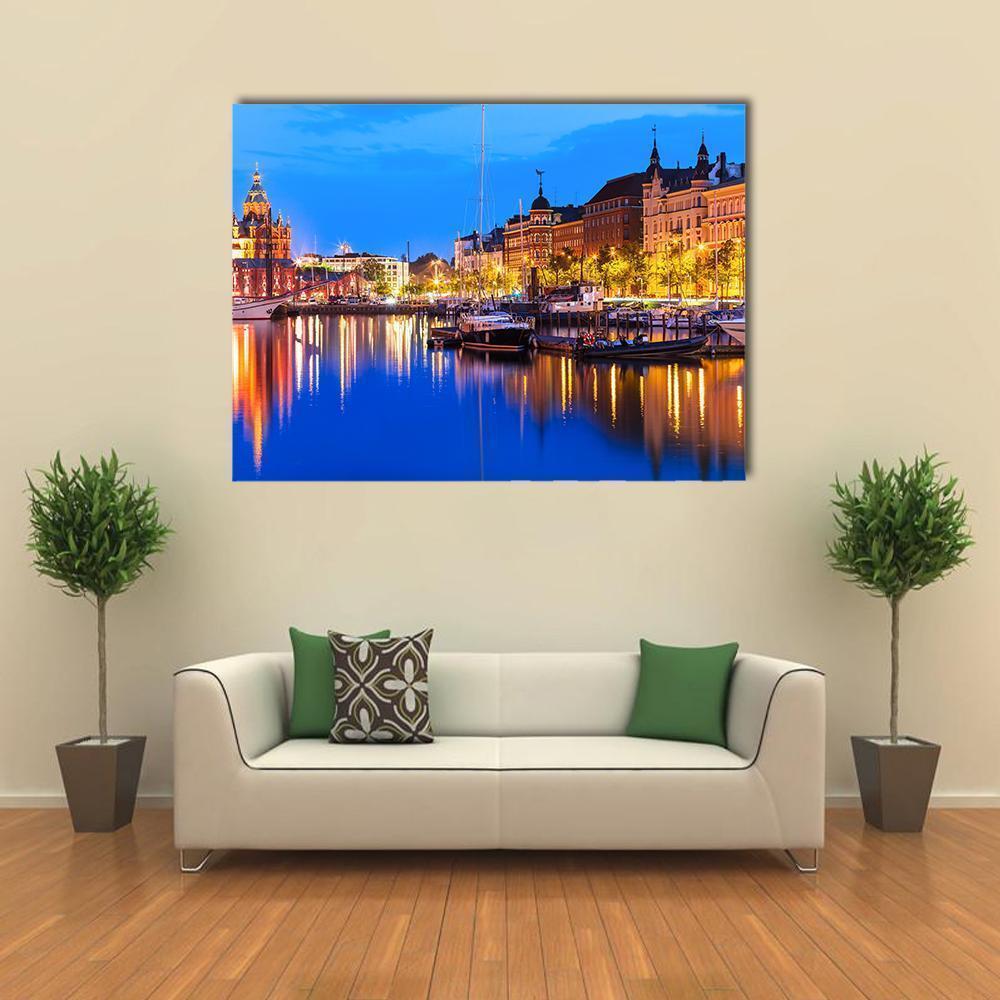 Old Port of Helsinki at Dusk Canvas Wall Art in orange, yellow and blue, single panel hung on a wall