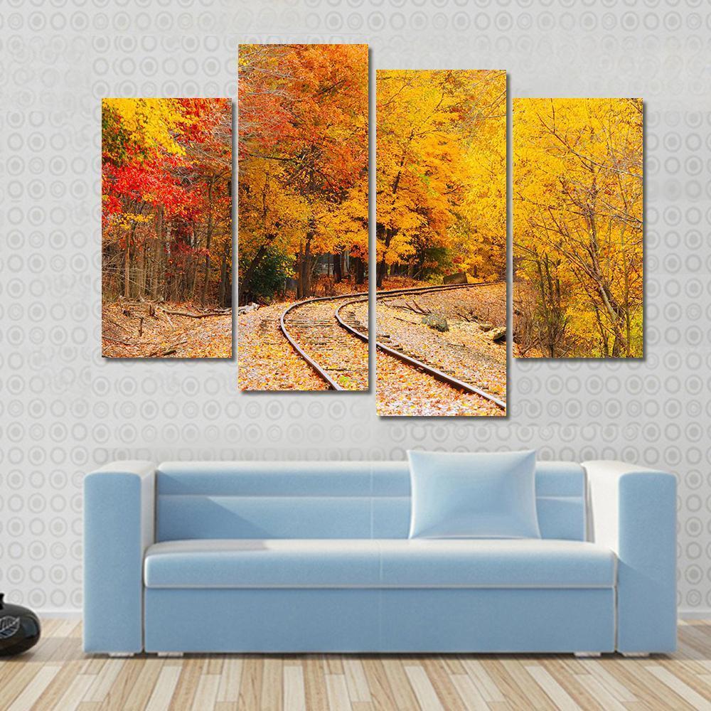 Railroad Track In Autumn Canvas Wall Art-4 Pop-Gallery Wrap-50" x 32"-Tiaracle