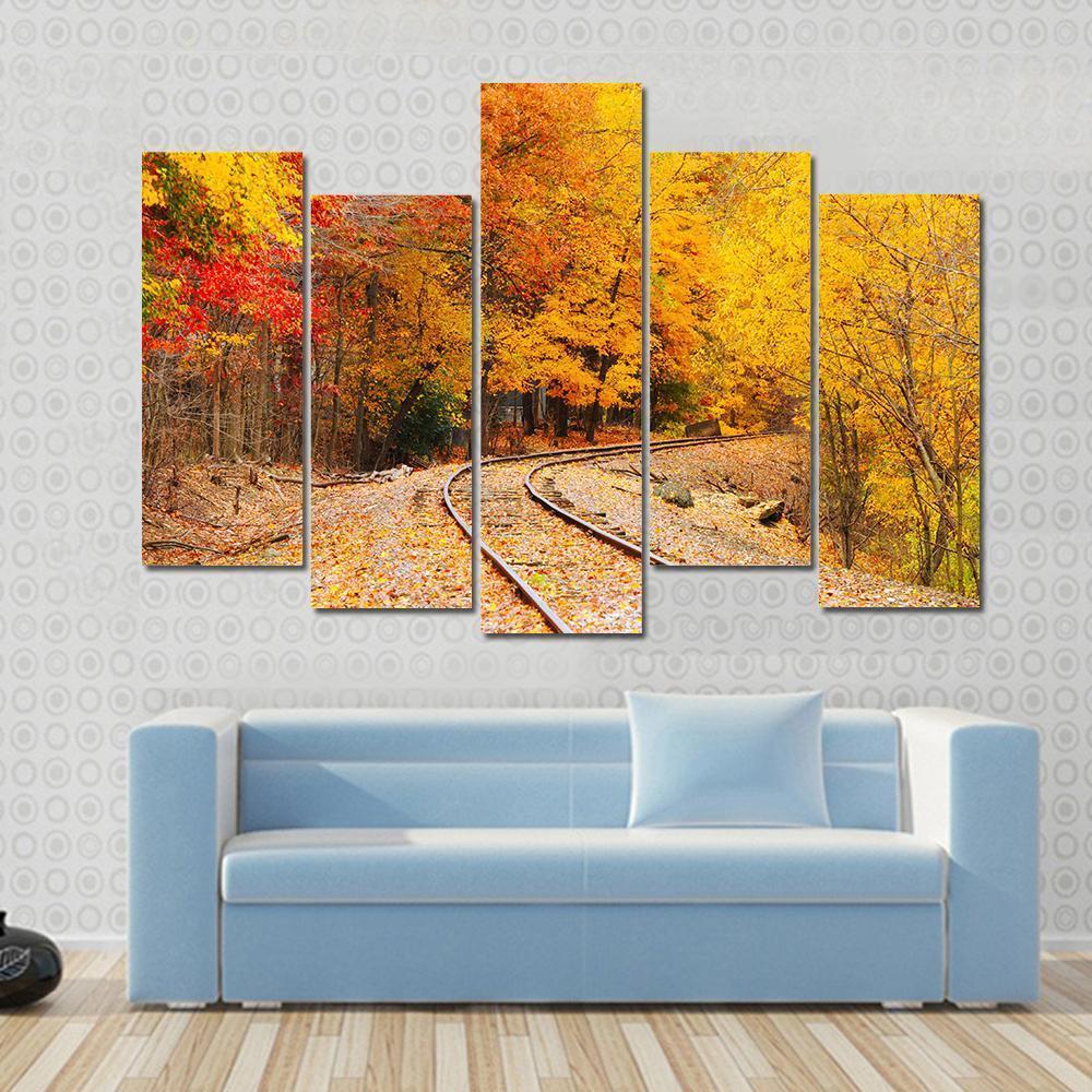 Railroad Track In Autumn Canvas Wall Art-5 Pop-Gallery Wrap-47" x 32"-Tiaracle