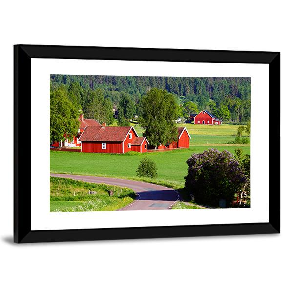 Old Red Farm Houses Canvas Wall Art-3 Horizontal-Gallery Wrap-25" x 16"-Tiaracle