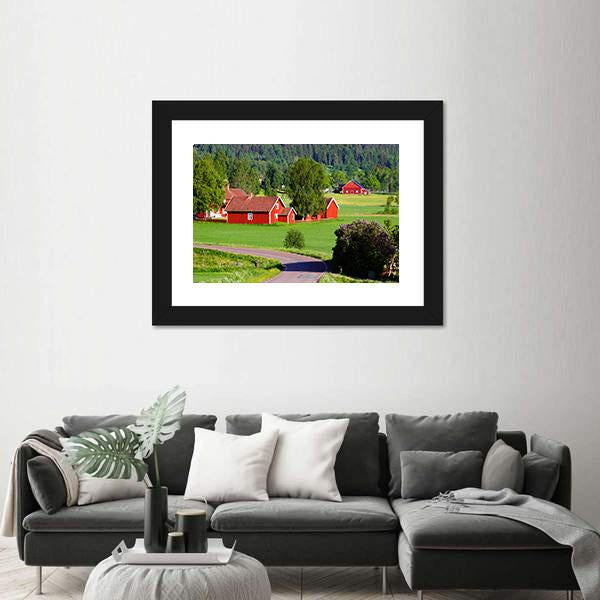 Old Red Farm Houses Canvas Wall Art-3 Horizontal-Gallery Wrap-25" x 16"-Tiaracle