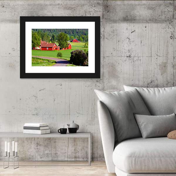Old Red Farm Houses Canvas Wall Art-3 Horizontal-Gallery Wrap-25" x 16"-Tiaracle