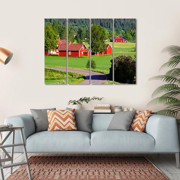 Old Red Farm Houses Canvas Wall Art-4 Horizontal-Gallery Wrap-34" x 24"-Tiaracle