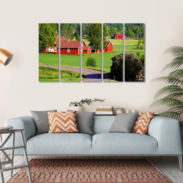 Old Red Farm Houses Canvas Wall Art-5 Horizontal-Gallery Wrap-22" x 12"-Tiaracle