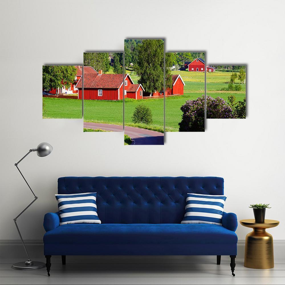 Old Red Farm Houses Canvas Wall Art-5 Star-Gallery Wrap-62" x 32"-Tiaracle
