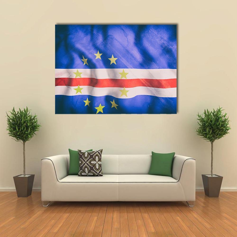 Waving Cape Verde Flag Canvas Wall Art in white, red and blue, single panel hung on a wall