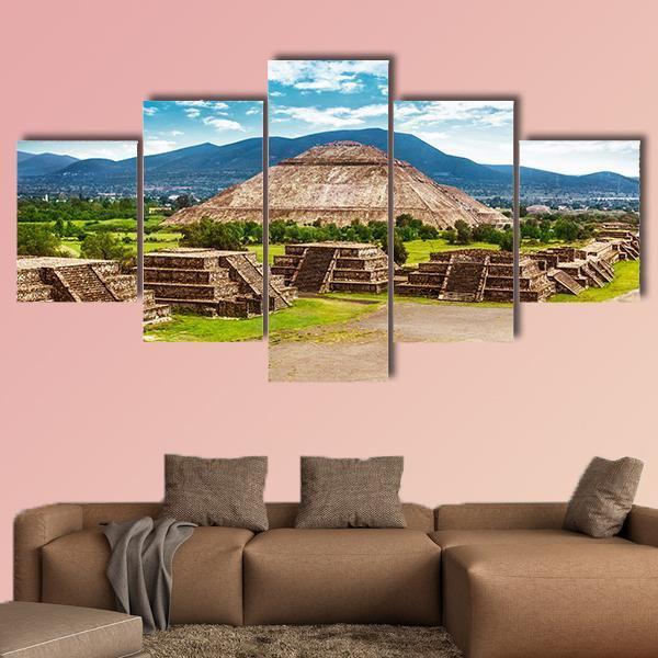 Pyramids Of The Sun And Moon Canvas Wall Art-5 Star-Gallery Wrap-62" x 32"-Tiaracle