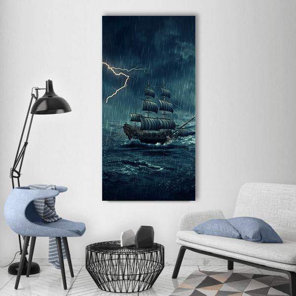 Multi-masted Ship in Stormy Night Vertical Canvas Wall Art in black, blue and navy, single vertical panel hung on a wall