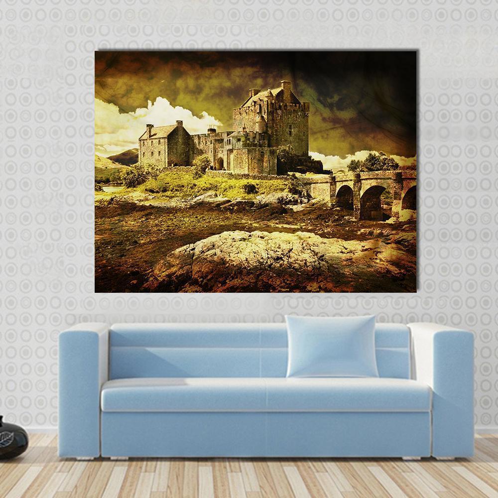 Old Scottish Castle Canvas Wall Art in black, brown and yellow, single panel hung on a wall