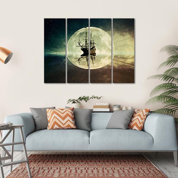 Ship In Moonlight Canvas Wall Art-4 Horizontal-Gallery Wrap-34" x 24"-Tiaracle