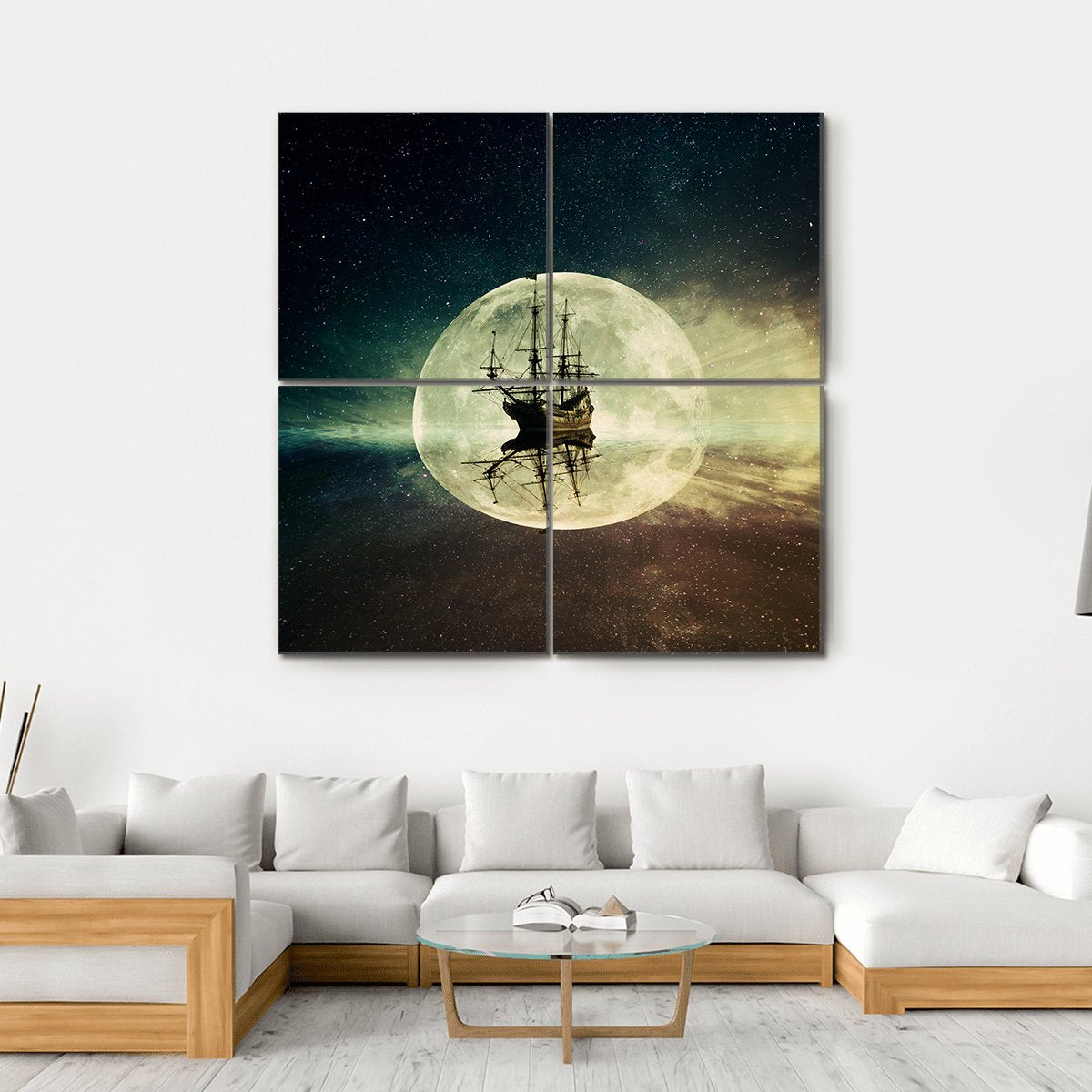Ship In Moonlight Canvas Wall Art-4 Square-Gallery Wrap-17" x 17"-Tiaracle