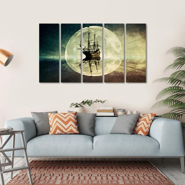 Ship In Moonlight Canvas Wall Art-5 Horizontal-Gallery Wrap-22" x 12"-Tiaracle