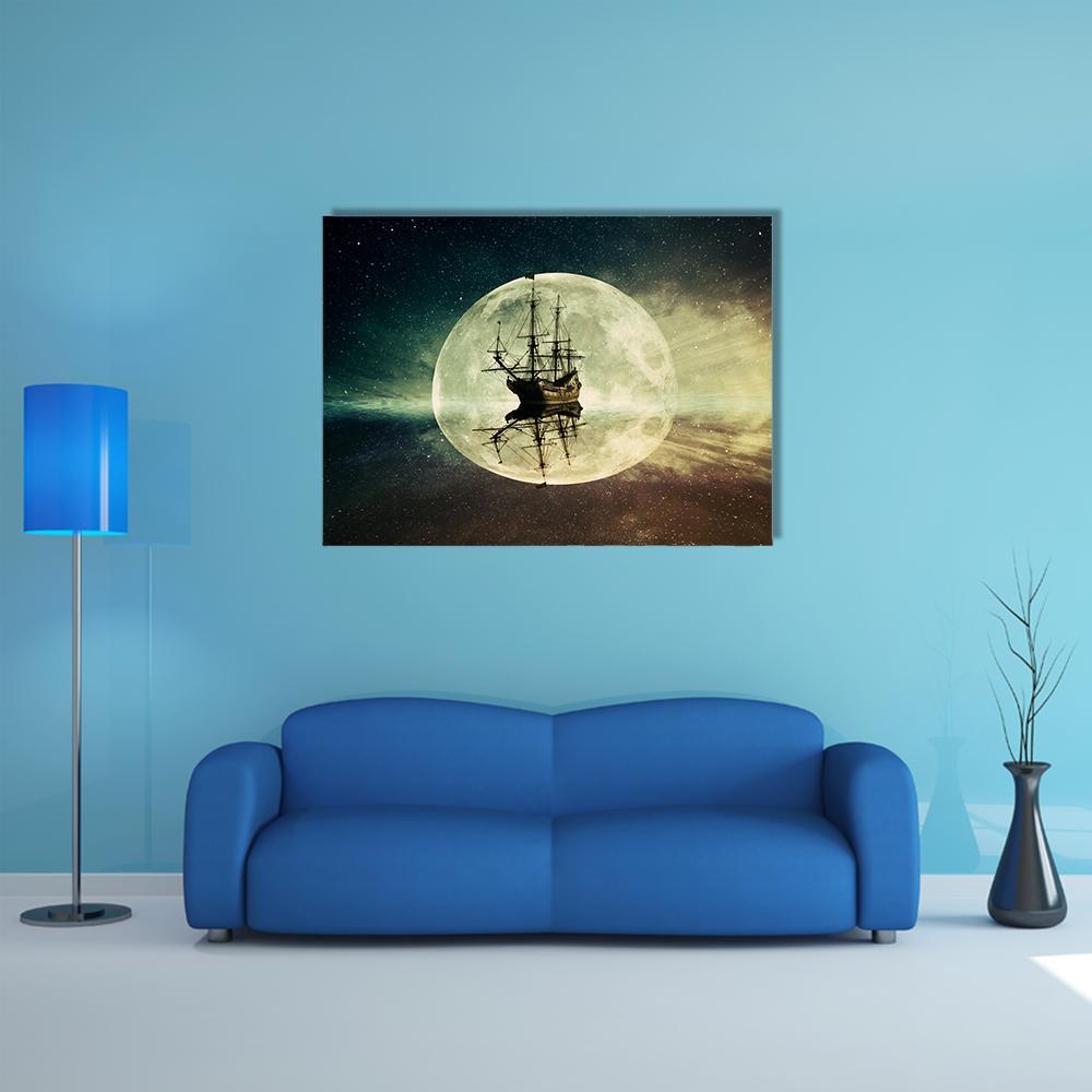 Sailboat Silhouette in Moonlight Canvas Wall Art in black, yellow and navy, single panel hung on a wall