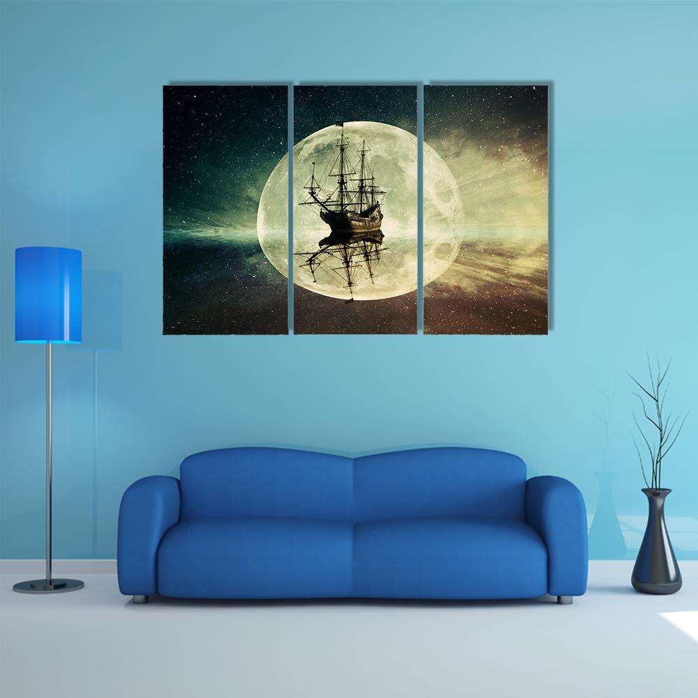 Ship In Moonlight Canvas Wall Art-3 Horizontal-Gallery Wrap-37" x 24"-Tiaracle