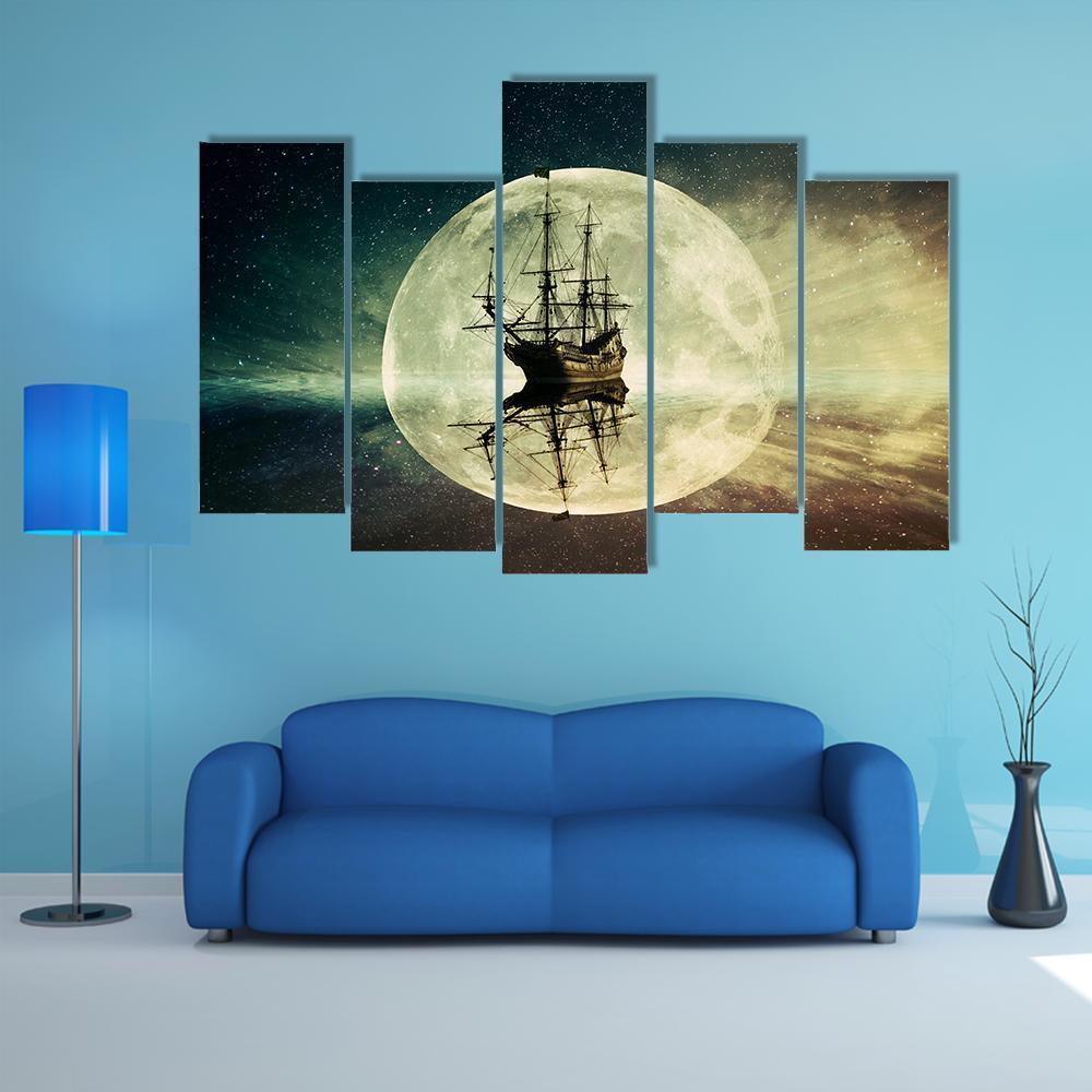 Ship In Moonlight Canvas Wall Art-5 Pop-Gallery Wrap-47" x 32"-Tiaracle