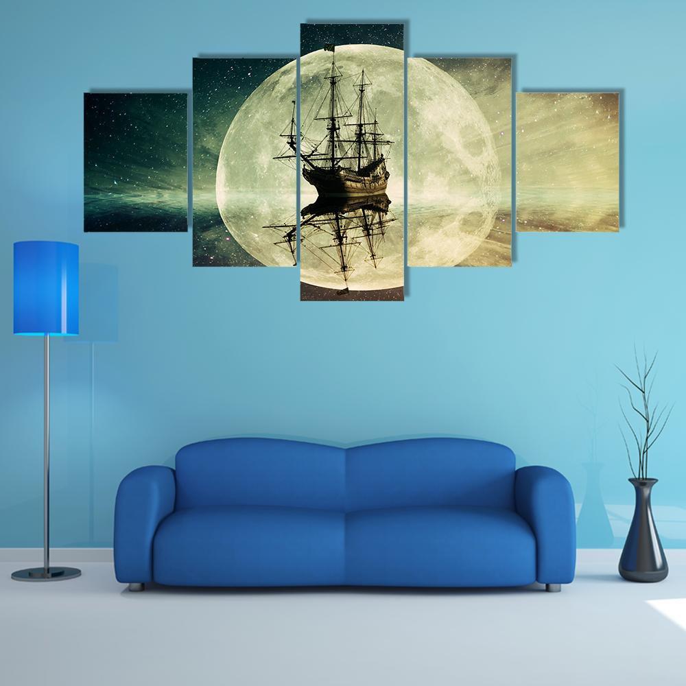 Ship In Moonlight Canvas Wall Art-5 Star-Gallery Wrap-62" x 32"-Tiaracle