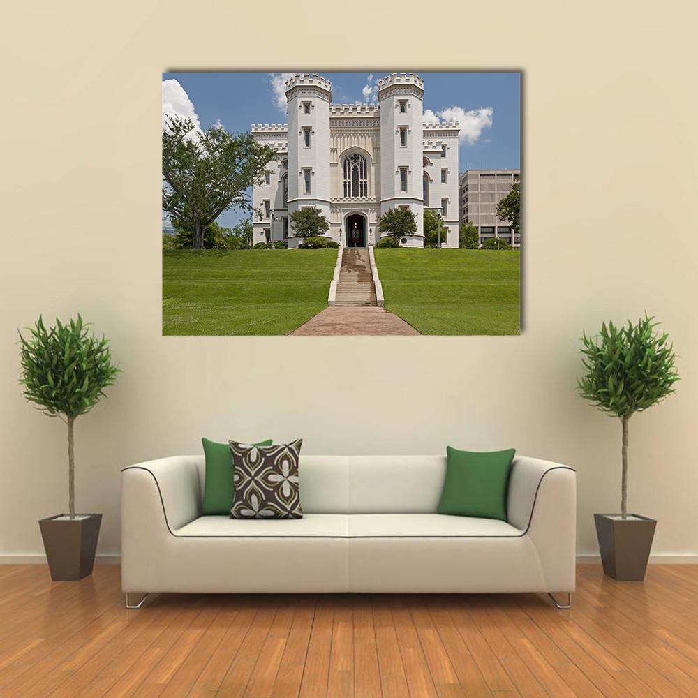 Louisiana Capitol Building with Stepped Pathway Canvas Wall Art in white, green and blue, single panel hung on a wall