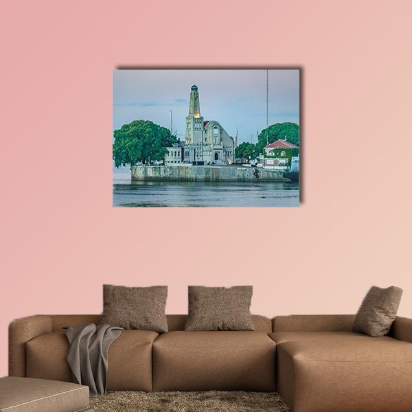 Buenos Aires Old-style Waterfront Buildings Canvas Wall Art in gray, green and blue, single panel hung on a wall