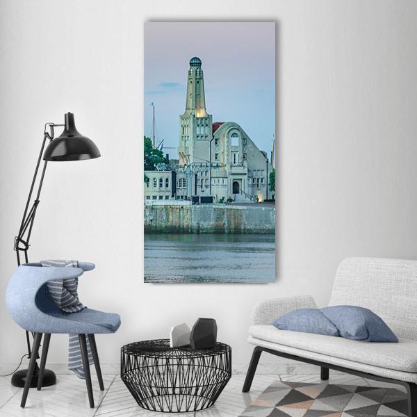 Buenos Aires Deco Harbor Vertical Canvas Wall Art in gray, beige and blue, single vertical panel hung on a wall