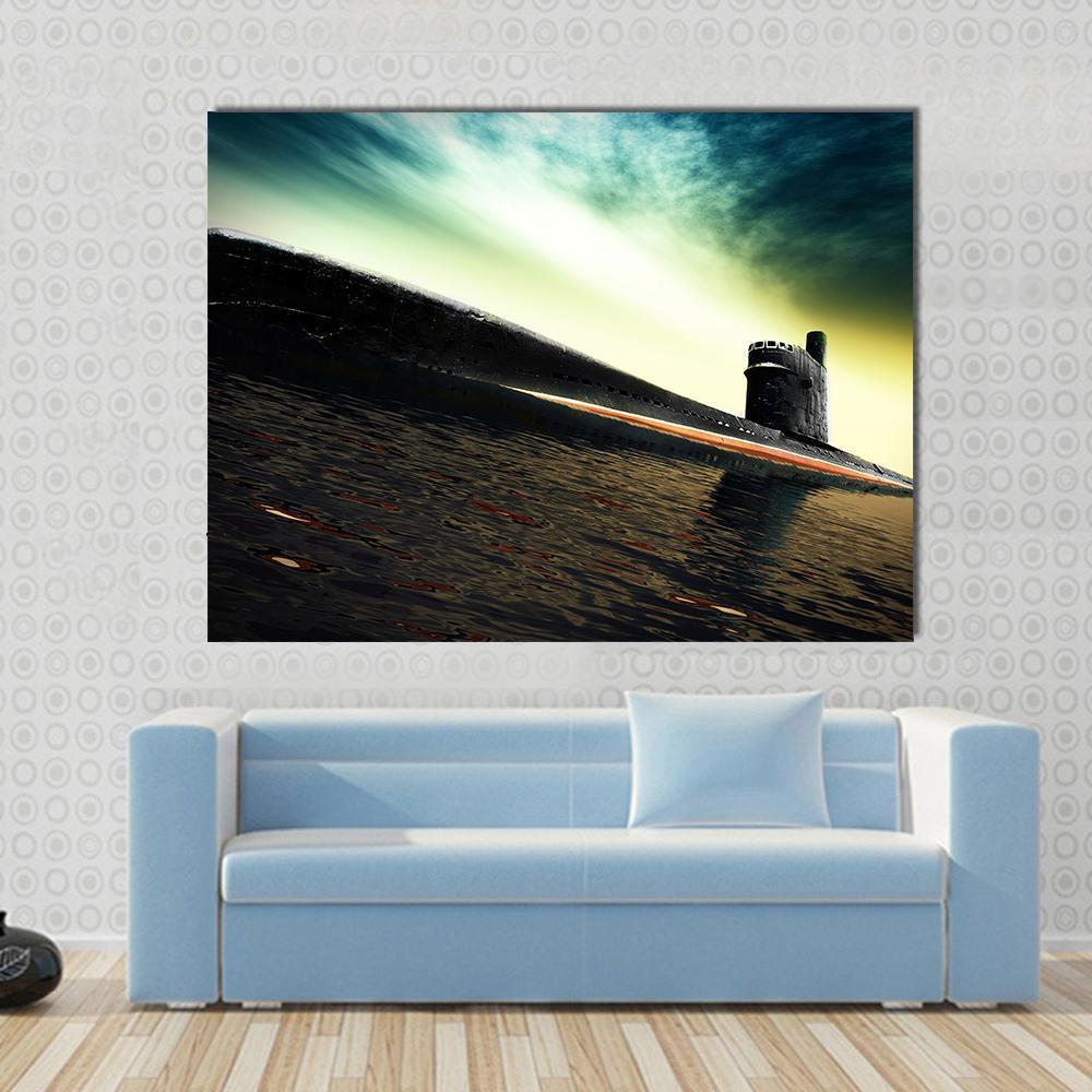 Old Submarine Canvas Wall Art in black, yellow and blue, single panel hung on a wall